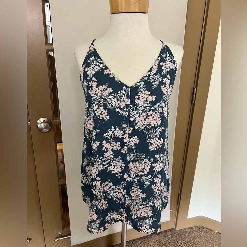 LOFT Teal Floral V-Neck Cami with Pink and White Blooms